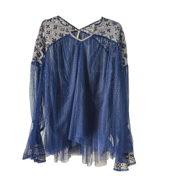 Free People Joyride Sheer Navy Bohemian Tulle Embroidered Top Size S - Picture 2 of 14